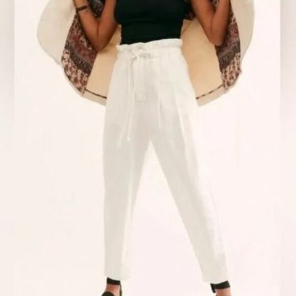 Free People Margate Pleated Trousers Pants White Small Paper Bag High Rise Ankle - Picture 1 of 15